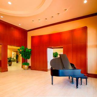 A modern lobby featuring a grand piano, wood paneling, and indoor plants.