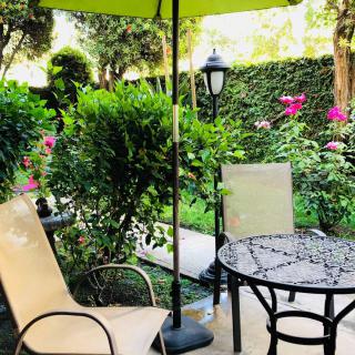 A peaceful garden patio with seating and vibrant flowers.