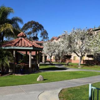 A scenic view of a residential park area with a gazebo, surrounded by trees and a clear blue sky.