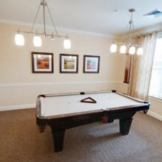 A well-lit game room featuring a pool table and framed artwork on the walls.