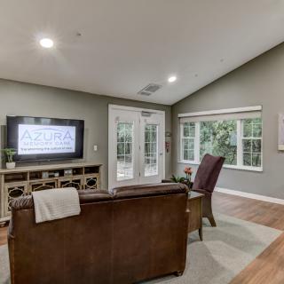 A cozy living room with a television, sofa, armchair, and large windows.