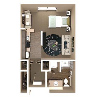 A detailed floor plan of a modern one-bedroom apartment featuring an open living area, kitchen, and bathroom.
