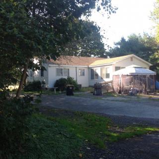 A suburban house with a driveway and surrounding trees.