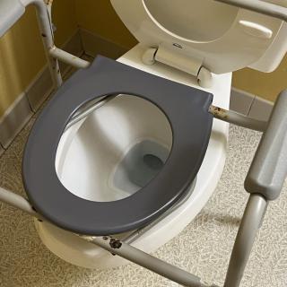 A toilet with an elevated seat and handrails for accessibility.