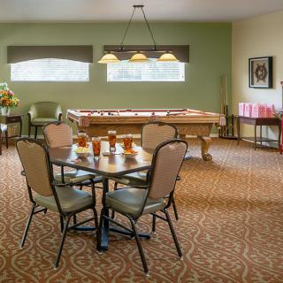 A cozy game room featuring a pool table and a seating area with stylish decor.