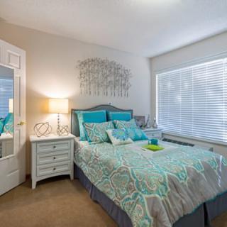 A modern bedroom with turquoise-themed decor, featuring a neatly made bed with patterned bedding, a bedside table with a lamp, and a large window with blinds.