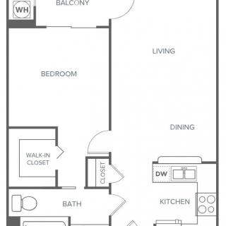 A one-bedroom apartment floor plan featuring a kitchen, dining area, living room, balcony, bathroom, and walk-in closet.