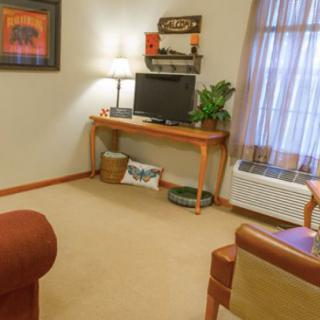 A cozy living room with a television on a wooden desk, flanked by a lamp and decorated with artwork.