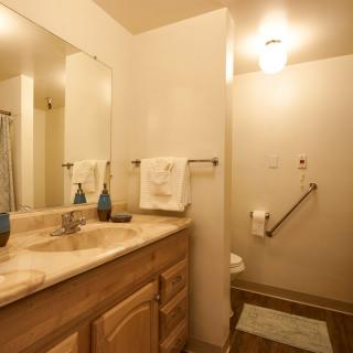A well-lit bathroom with a sink, mirror, and shower area.