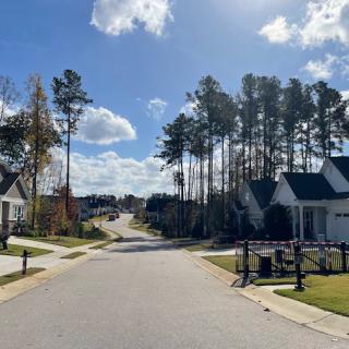 A peaceful suburban neighborhood street lined with trees and houses under a blue sky with clouds.