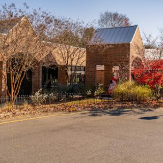 A charming view of brick buildings surrounded by autumn foliage.