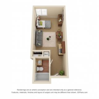 3D rendering of a studio apartment floor plan with designated living and sleeping areas.