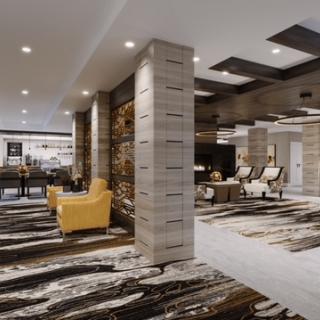 A modern hotel lobby with stylish furniture and contemporary decor.