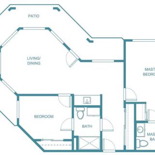Floor plan of an apartment layout featuring a living room, bedroom, bathroom, and patio.