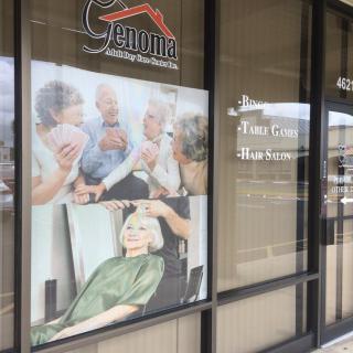 A window advertisement for a senior care facility showcasing personal care services.