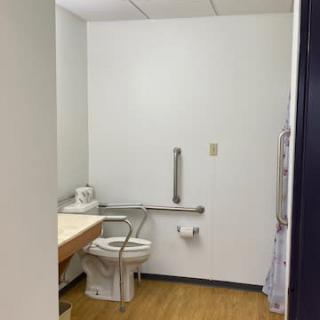 Accessible bathroom with a toilet and grab bar.