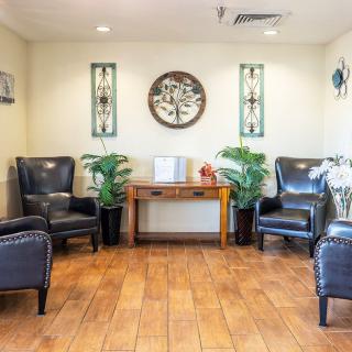 A cozy waiting room with leather chairs, decorative plants, and a wall clock.