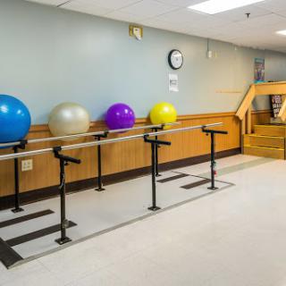 A well-equipped physical therapy room featuring colorful balance balls and a barre for exercises.