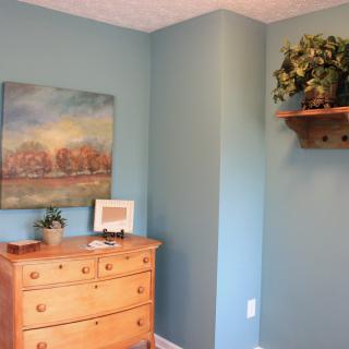 A cozy corner of a bedroom with a wooden dresser, artwork on the wall, and decorative plants on a shelf.