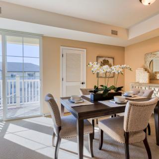 A well-lit dining room with a modern setup, featuring a table and chairs, complemented by a decorative plant and natural light streaming through the windows.