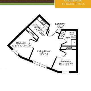 A floor plan showing a two-bedroom apartment layout with a living room, bathroom, and kitchen.