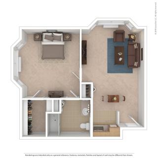 A 3D floor plan of a one-bedroom apartment featuring a bedroom, living room, kitchen, and bathroom.
