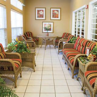 A well-lit waiting room featuring wicker furniture, striped cushions, and decorative plants.