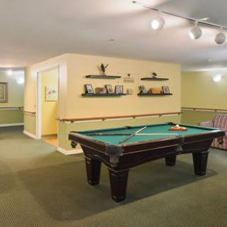 A cozy game room featuring a pool table and decorative shelving.