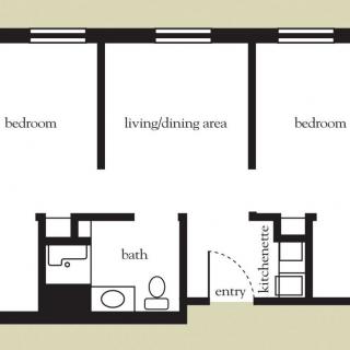 A simple floor plan of a two-bedroom apartment with a living area and bathroom.