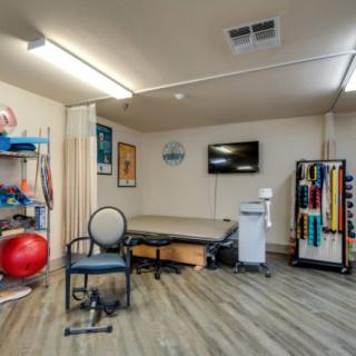 A physical therapy room equipped with a treatment table, exercise equipment including a gym ball and resistance bands.