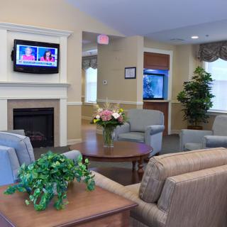 A cozy living room with a fireplace and a television, featuring comfortable seating and decorative plants.