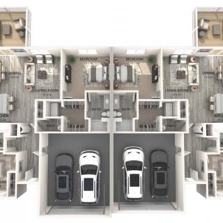 A 3D-rendered floor plan of a residential apartment layout featuring multiple rooms and garages.