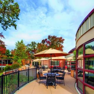 A scenic outdoor patio area with tables, chairs, and umbrellas adjacent to a building, surrounded by trees under a clear sky.