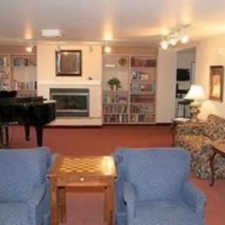 A cozy living room featuring a piano, comfortable seating, bookshelves, and a fireplace.