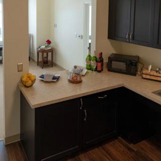 A modern kitchen with dark cabinets and a clutter-free countertop.
