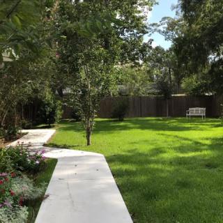 A serene garden with a winding pathway and lush greenery.