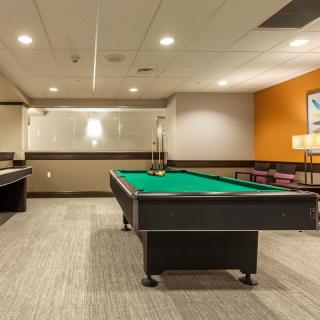 A modern billiard room featuring a pool table and stylish decor.