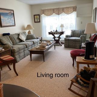 A cozy living room with comfortable seating, a coffee table, and decorative lighting.
