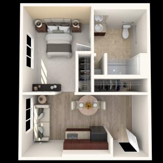 A compact one-bedroom apartment floor plan featuring a living area, kitchen, bathroom, and bedroom.
