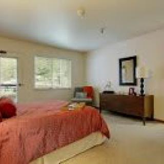 A cozy bedroom with a neatly made bed, wooden dresser, and natural light from the window.