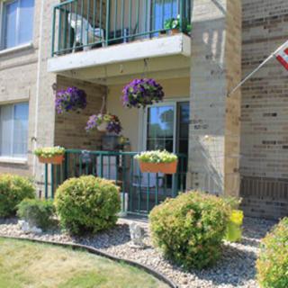 A cozy apartment balcony adorned with colorful flowers and hanging baskets, set against a brick building.