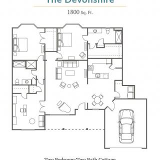 Floor plan of 'The Devonshire' featuring 1800 sq ft with 3 bedrooms, 2 bathrooms, and a garage.