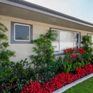 A house with a well-maintained garden featuring red flowers and green shrubs.