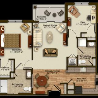 A detailed floor plan of a two-bedroom apartment featuring a living room, kitchen, dining area, and bathrooms.