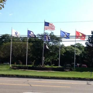 A display of various flags, including the American flag, in a park setting.