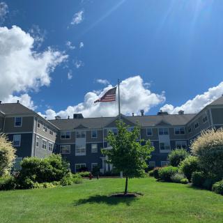 A sunny day at a building with an American flag and well-maintained greenery.