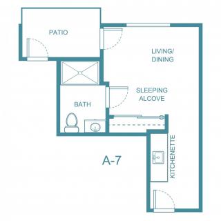 Studio apartment floor plan with living/dining area, sleeping alcove, kitchenette, bathroom, and patio.