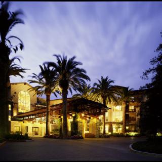 A beautifully lit hotel surrounded by palm trees at dusk.