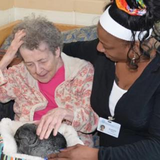A caregiver provides comfort to an elderly woman as they both engage with a therapy animal.