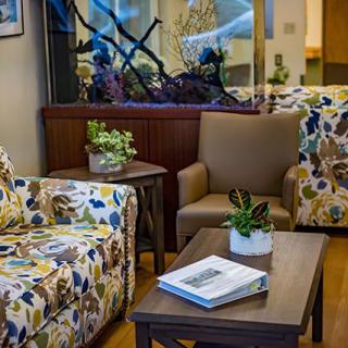 A cozy living room featuring floral-patterned chairs, a coffee table with books and plants, and an aquarium.